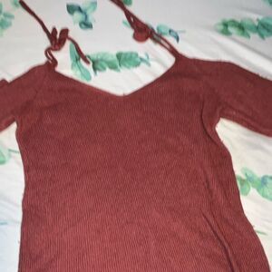 Love Denim 24/7 Burgundy Ribbed Cold-Shoulder Sweater - Size Small